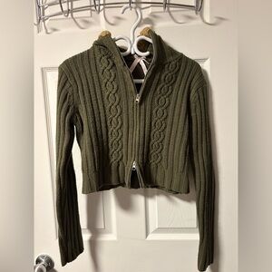 Derek Heart Olive Green Cable-Knit Zip Hoodie Cardigan
